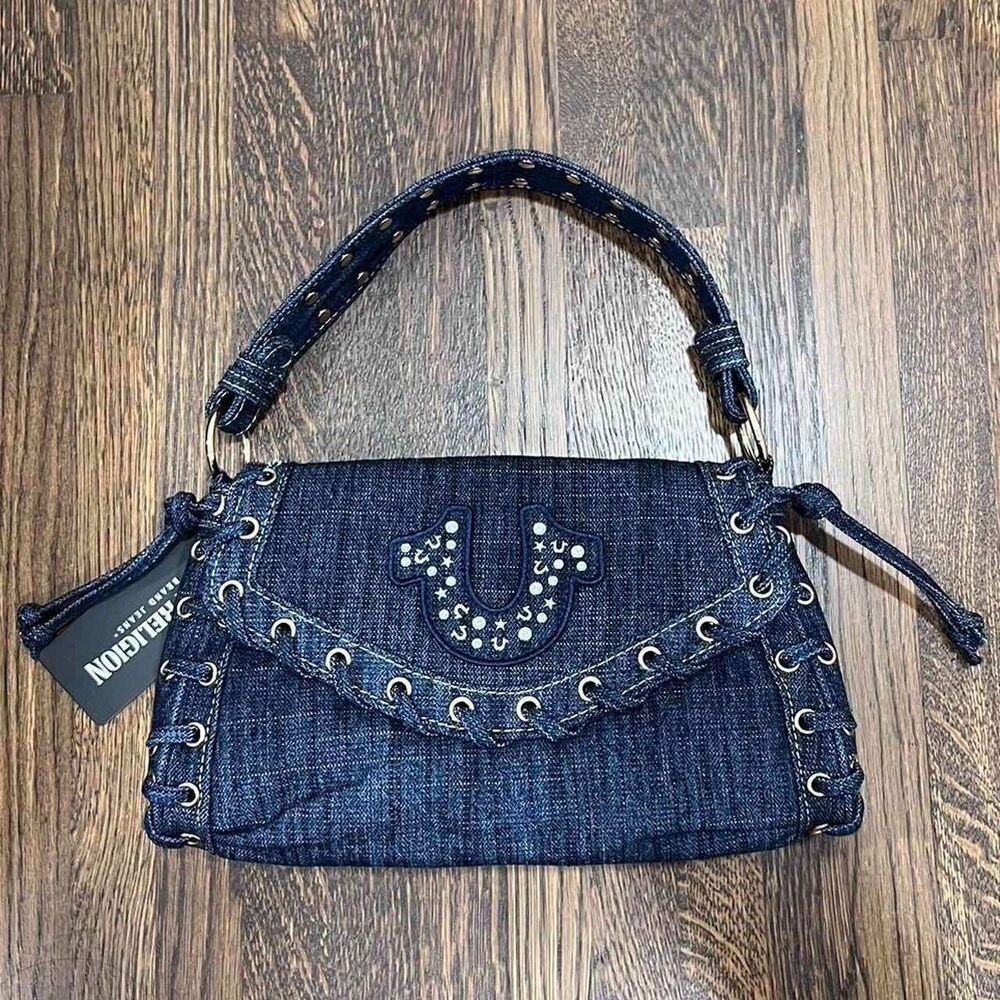 true religion dark blue denim studded purse (NWT)
